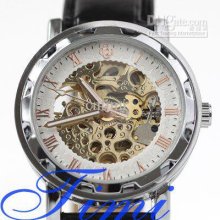 Classic Roman Skeleton Mens Mechanical Auto Wrist Watch For Men Free