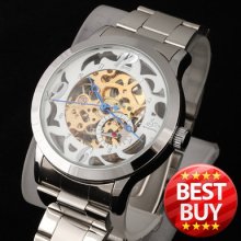 Cool Automatical Mechanical Men Watch Silver Alloy White Skeleton Dial Skeleton