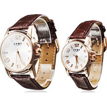 Couple Water Resistant Style Analog PU Quartz Wrist Watches (Brown)