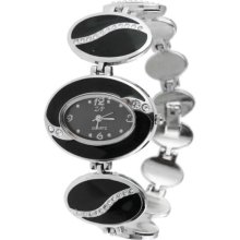 Delicate Crystal Elliptic Dial Stainless Steel Wrist Watch Bracelet (Black) - Black - Metal