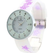 Diamond Women's Rounded Style Silicone Analog Quartz Wrist Watch (White)