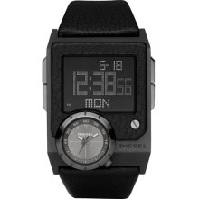 Diesel Men's Black Stainless Steel Case Digital Alarm Leather Strap DZ7231