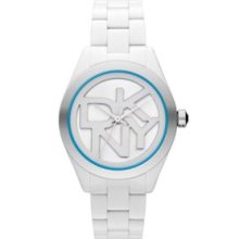 DKNY White White and Blue Plastic Three-Hand Logo Watch