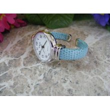 Eikon Large Round Face Light Teal Blue Leather Narrow Cuff Band Watch