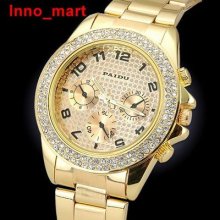 Elegant Golden Tone Stainless Steel Ladies Mens Watch