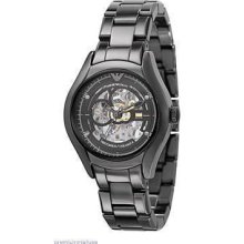 Emporio Armani black ceramic watch AR1427 automatic skeleton dial NIB RP$645