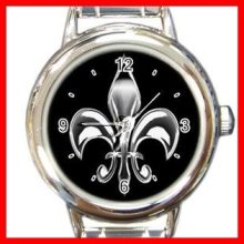 Fleur De Lis Silver On Black Round Italian Charm Wrist Watch 672