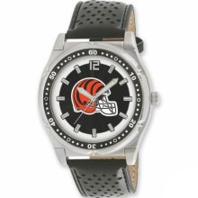 Football Watches - Men's Stainless Steel Cincinnati Bengals Watch and Leather Band