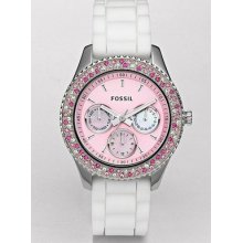 Fossil Es 2895 Stella Watch White Band Pink Face Multi-pink Bling Bezel