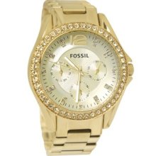 Fossil Es3203 Riley Women's Gold Tone Watch With Crystals