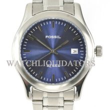 Fossil Steel Mens All Stainless Blue Dial Silvertone Wr 50m/165 Ft.