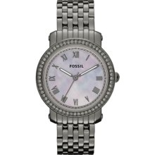 Fossil Womens Emma Crystal Analog Stainless Watch - Gunmetal Bracelet - Pearl Dial - ES3114