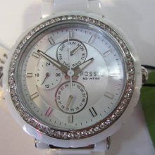 Fossil Women's Watch Chrono All White Ceramic Mop Crystal Original Japan