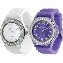 Geneva Platinum Set of 2 Womens Rhinestone Silicone Watches - White/Lavender Multi 9