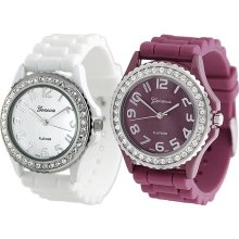 Geneva Platinum Women's Rhinestone-accented Silicone Watch (Set of 2) (White and Berry)