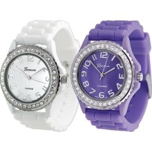 Geneva Platinum Women's Rhinestone-accented Silicone Watch (Set of 2) (White and Lavender)