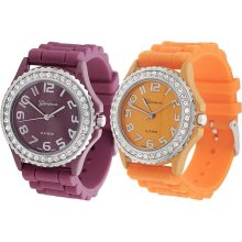 Geneva Platinum Women's Rhinestone-accented Silicone Watch (Set of 2) (Berry and Orange)