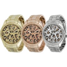 Geneva Platinum Women's Rhinestone Cheetah Print Link Watch