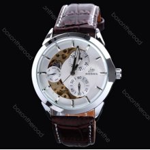 Genuine Leather Men Date Calendar Brwon Tourbillon Automatic Mechanical Watch