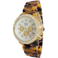 Genuine Tortoise Shell Watch Lab Diamond Gold Bezel Chronograph Look Peal Kors