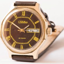 Gold plated men's watch dark brown yellow mechanical wrist watch chunky Soviet