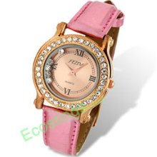 Golden Dial Pink Leather Band Rhinestone Wonman's Watch