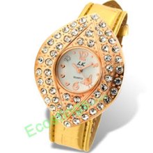 Golden Leather Leaf Shaped Shiny Dial Rhinestone Lady's Watch