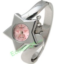 Good Jewelry Silvery Ladies Star Bracelet Watch Pink Dial