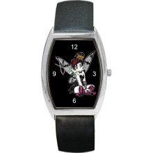 Gothic Tink Fairy on Barrel Watch w/ Leather Band NEW - Multi-color - Metal