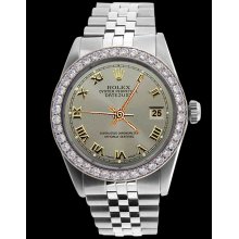 Gray roman dial SS jubilee rolex bracelet men watch datejust diamond bezel