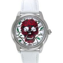 Harley Davidson Ladies` Watch W/ Red Rose Skull & Swarovski Crystals