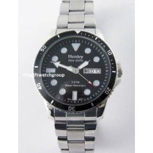 Henley Mens Black Day Date Stainless Steel Bracelet Watch