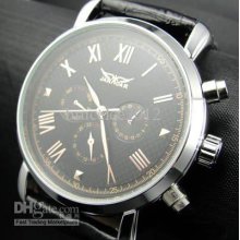 Jaragar Men Leather Watch Dive Mechanical White Black Dial Mens Wris