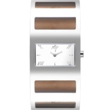 Joy By Joy Jw519 Ladies Retro Rectangulares Polished Steel Watch With Smokey White Mother Of Pearl Dial