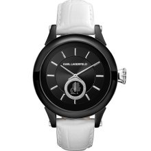 KARL LAGERFELD Chain Detail Leather Watch, 40mm White/ Black