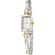 Ladies Bulova 98v09 White Rectangular Dial Two Tone Stainless Steel Watch