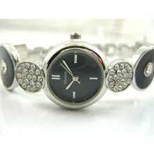 Ladies Henley Designer Watch Black Face With Silver & Black Diamante Band H721