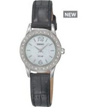 Ladies` Seiko Solar Mother Of Pearl Dial Watch W/ Black Strap