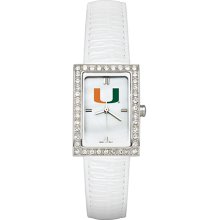 Ladies University Of Miami Watch with White Leather Strap and CZ Accents