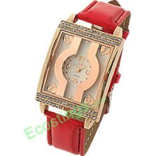 Leather Band Rectangle Golden Watch Case Ladies' Wrist Watch