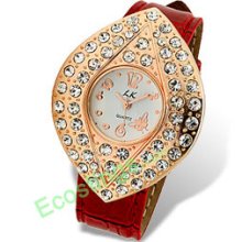 Leather Leaf Shaped Shiny Dial Rhinestone Lady's Watch