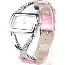 Leather Pink PU Band Women's Quartz Wrist Watch with Crystal Decoration