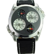 Luxury Metal Dial Dual Movements Quartz Watch with Compass/Thermometer-White - Silver - Leather