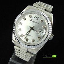 Luxury Silvery Bezel Stainless Steel Calendar Automatic Mechanical Men's Watch