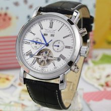 Luxury White Automatic Watch Date Month Year 5 Hands Mens Tourbillon Two-eye