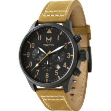 Meister Mens Aviator Chronograph Stainless Watch - Brown Leather Strap - Black Dial - AV104LS