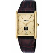 Men`s Rectangle Dial Pulsar Watch W/ Brown Leather Strap