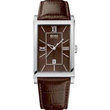 Mens Brown Watch Leather Strap Rectangle Hugo Boss 1512416 Gents Gift