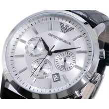 Men's Chronograph Stainless Steel Case and Leather Bracelet Silver Tone Dial Dat