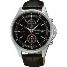 Men's Chronograph Stainless Steel Case Leather Bracelet Black Tone Dial Date Dis